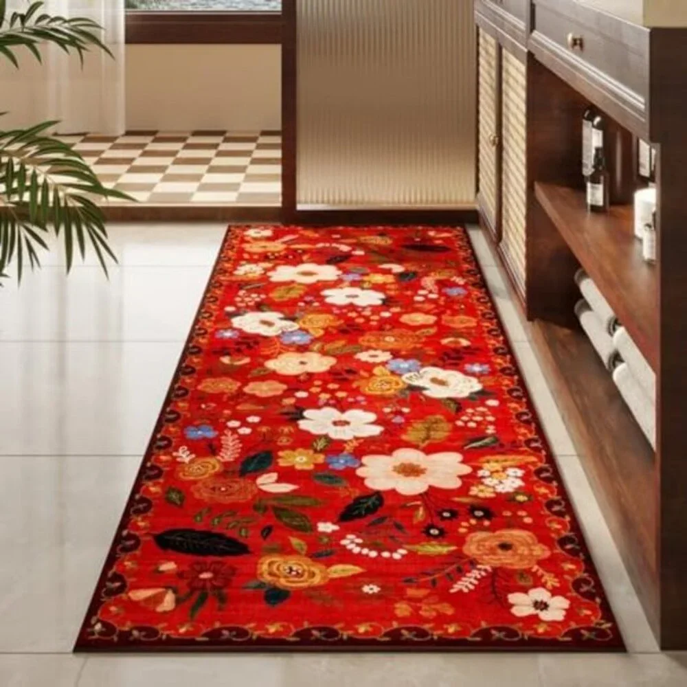 Non Slip 2 x 6 Red Washable Runner Rugs with Rubber Backing Soft Floral Carpet